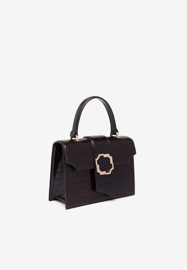 Small Audrey Crest Buckle Top Handle Bag in Croc-Embossed Leather