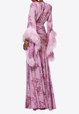 Geisha Printed Feather-Embellished Gown