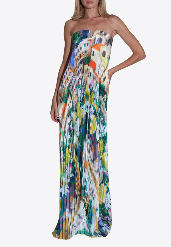 Strapless Floral Plisse Maxi Dress