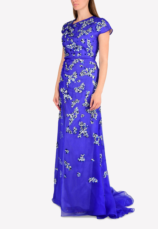 Sequined Silk Gown with Asymmetrical Neckline