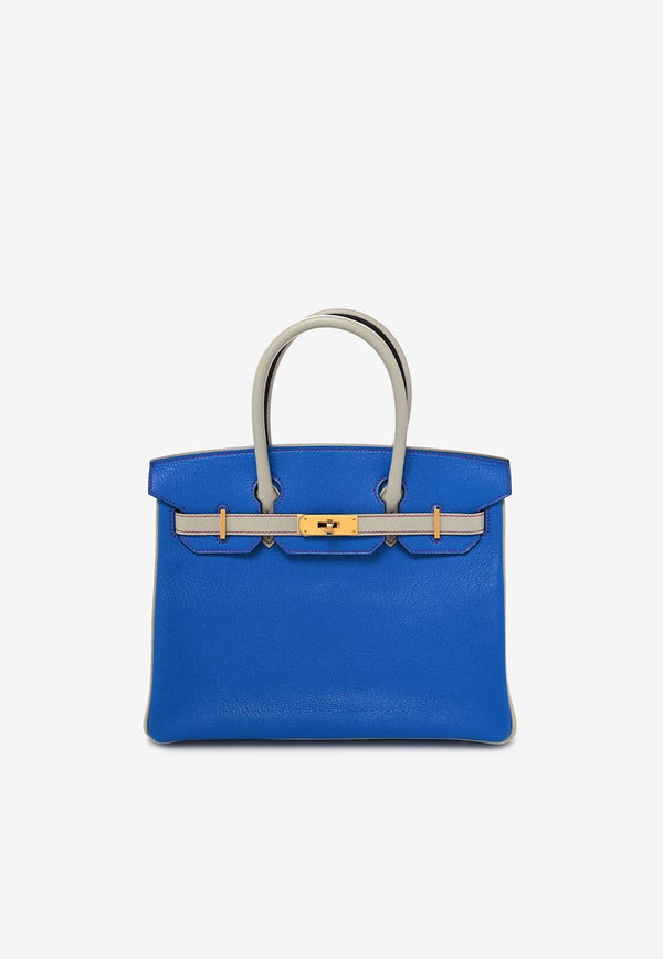 Birkin 30 in Bleu Hydra and Gris Perle Chevre Mysore Horseshoe with Brushed Gold Hardware