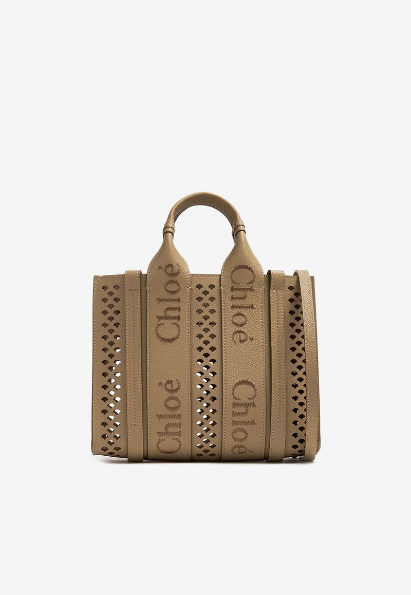 Small Woody Openwork Tote Bag in Leather