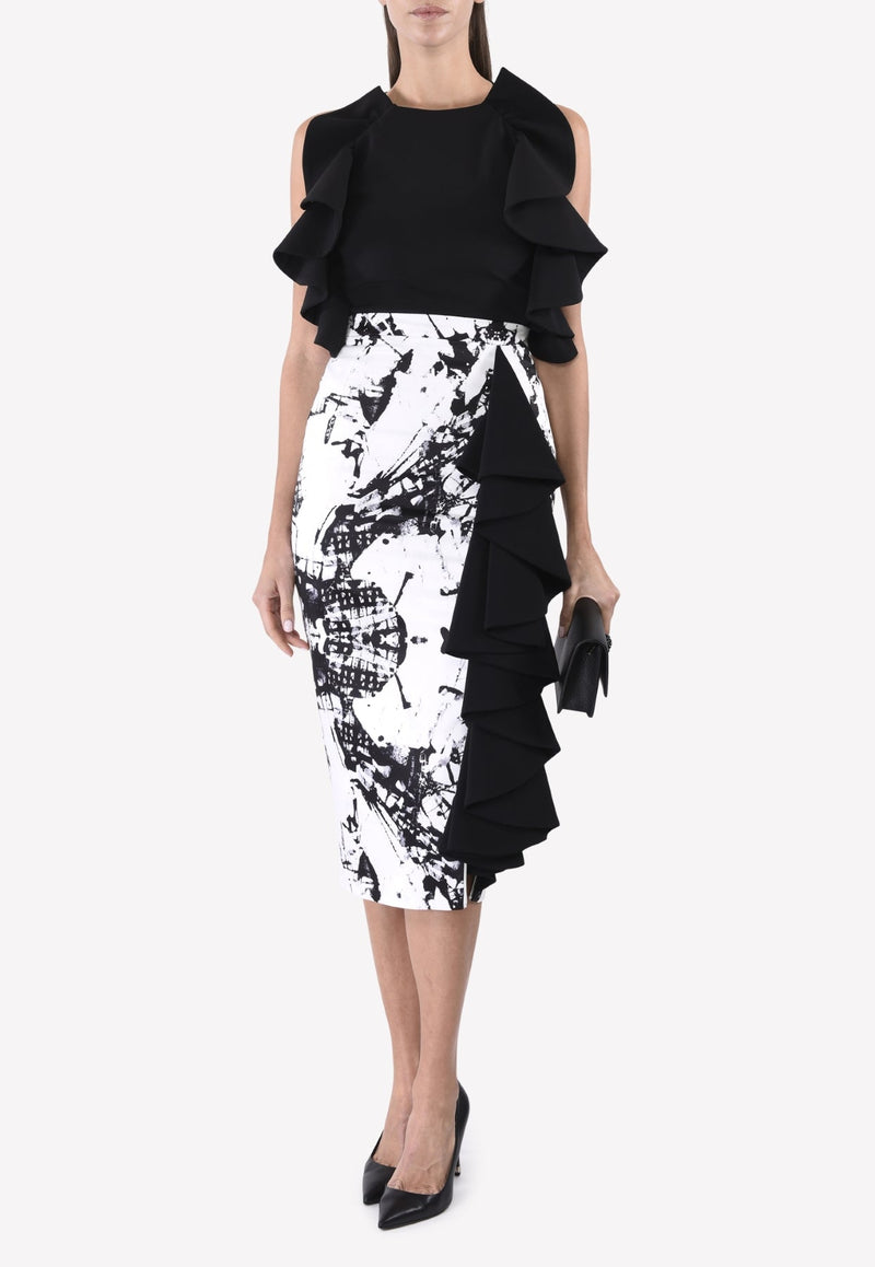 Abstract Print Ruffled Pencil Skirt