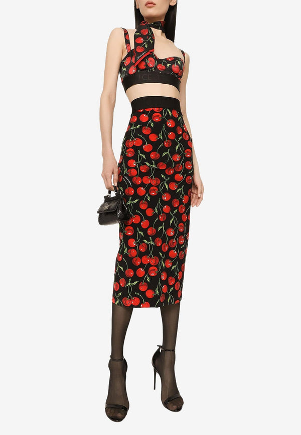 Cherry Print High-Waist Midi Skirt