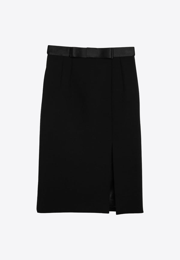 Bow-Belt Wool-Blend Knee-Length Skirt
