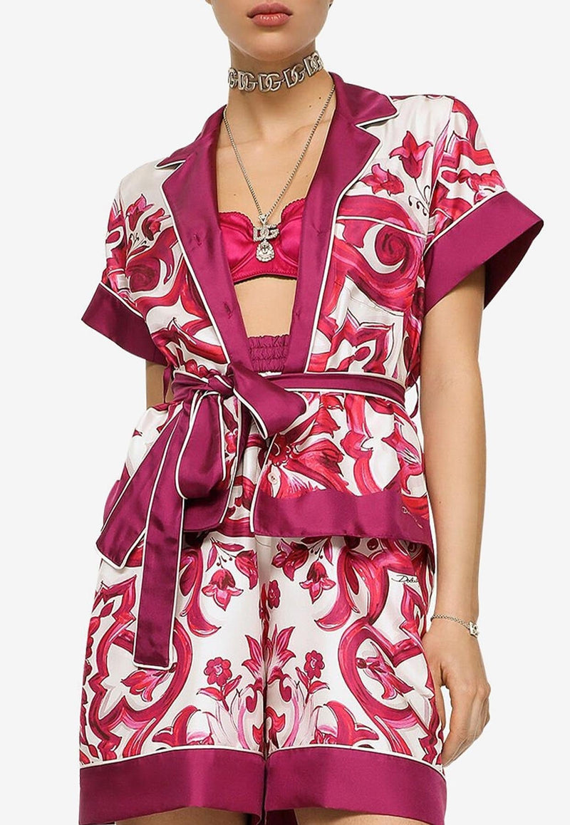 Majolica Print Silk Twill Belted Shirt