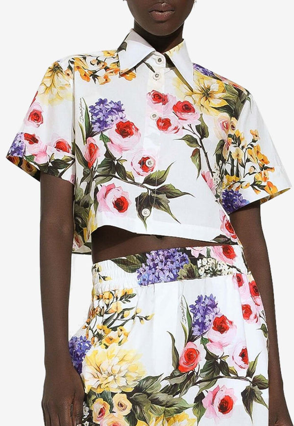 Short-Sleeved Garden-Print Cropped Shirt
