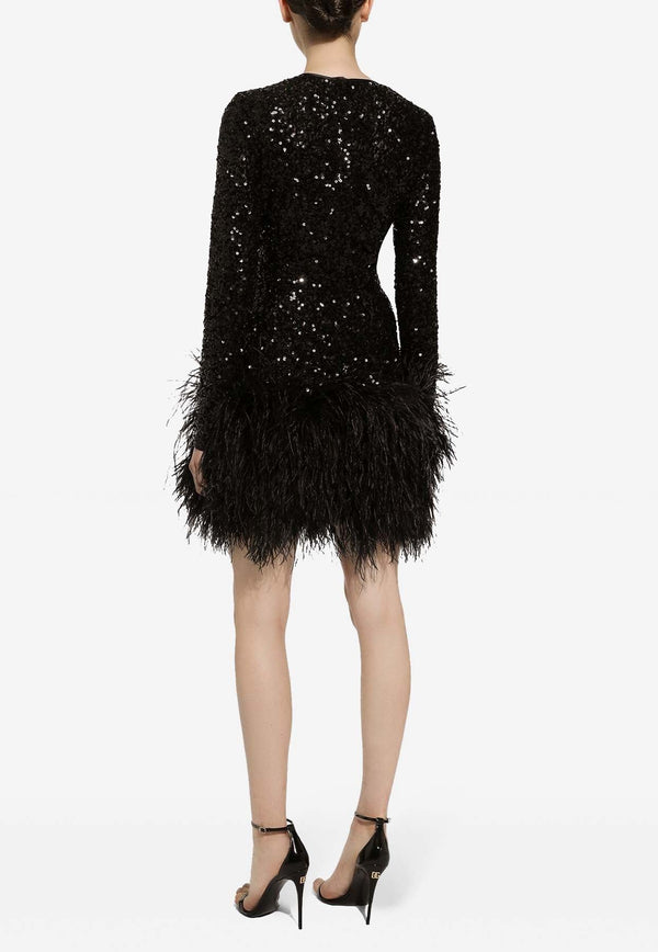 Feather-Trimmed Sequined Mini Dress