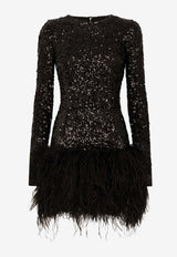 Feather-Trimmed Sequined Mini Dress