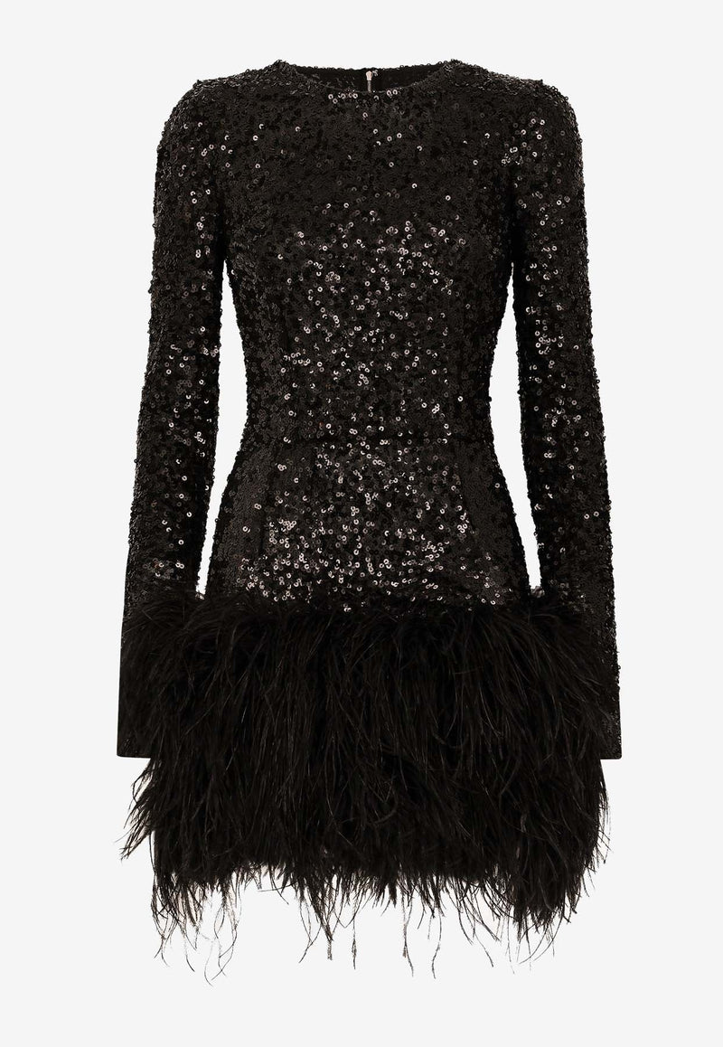 Feather-Trimmed Sequined Mini Dress