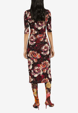 Peony Print Sleeved Midi Dress