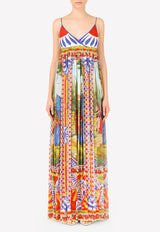 V-neck Carretto Print Chiffon Maxi Dress