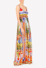 V-neck Carretto Print Chiffon Maxi Dress