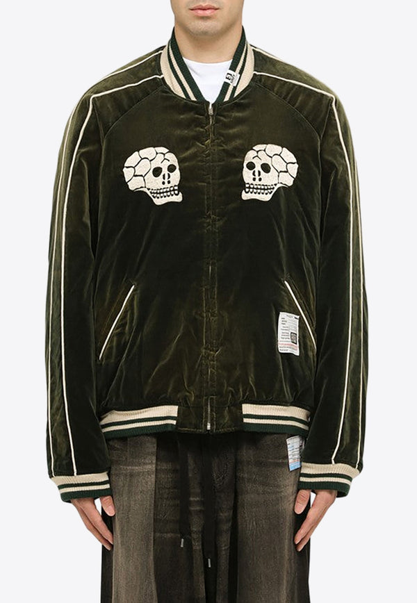 Skull-Embroidered Zip-Up Bomber Jacket