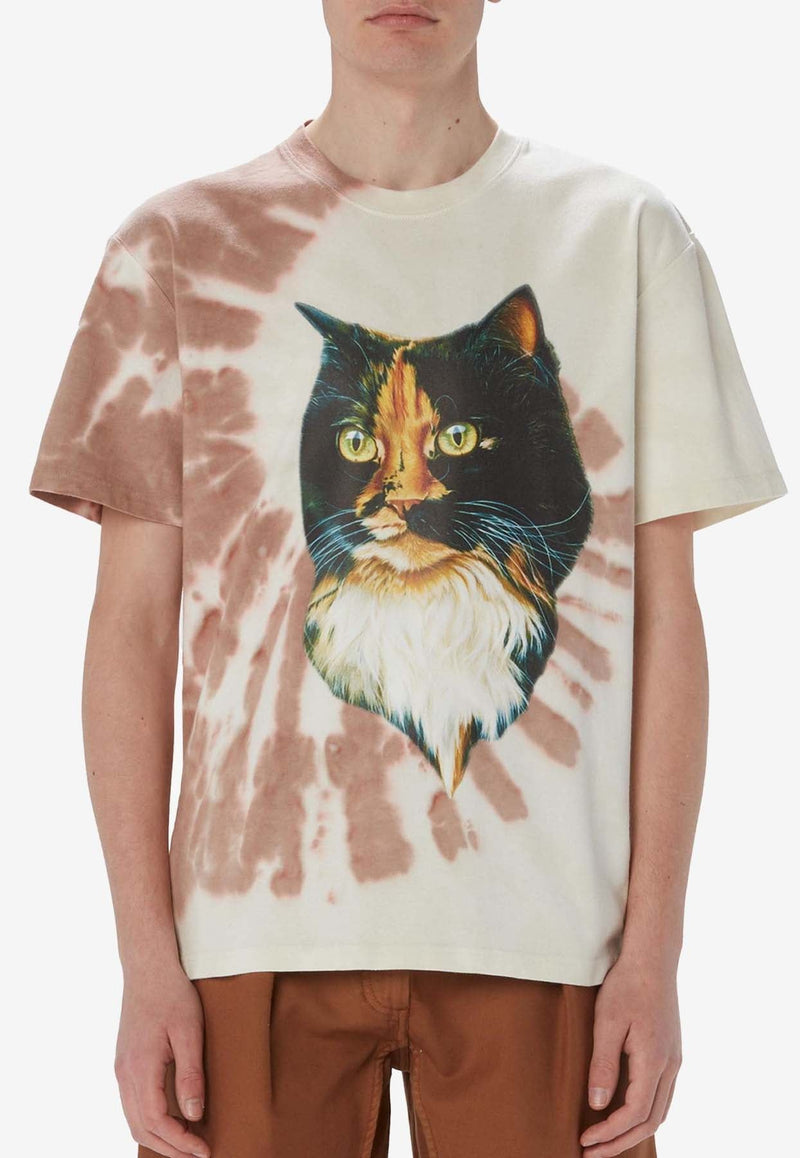 Cat Print Tie-Dye Crewneck T-shirt