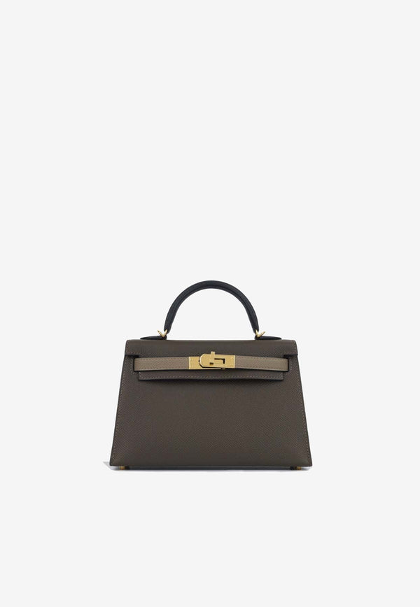 Mini Kelly 20 in Ecorce, Etoupe and Noir Epsom Leather with Gold Hardware
