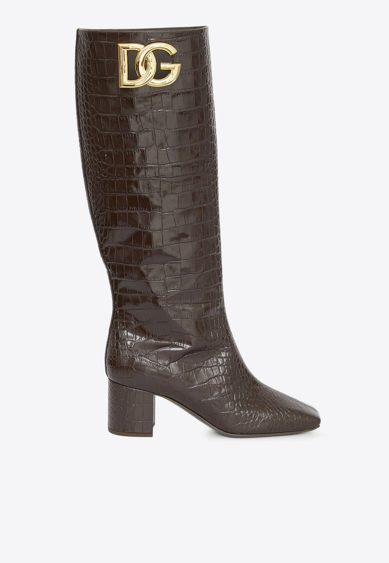 Jackie 60 Knee-High Boots in Croc-Embossed Leather