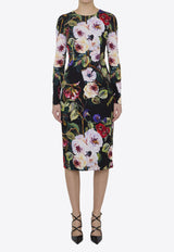 Roseto Print Long-Sleeved Midi Dress
