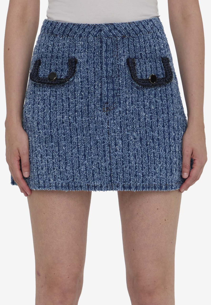 Braided-Trim Textured Denim Mini Skirt