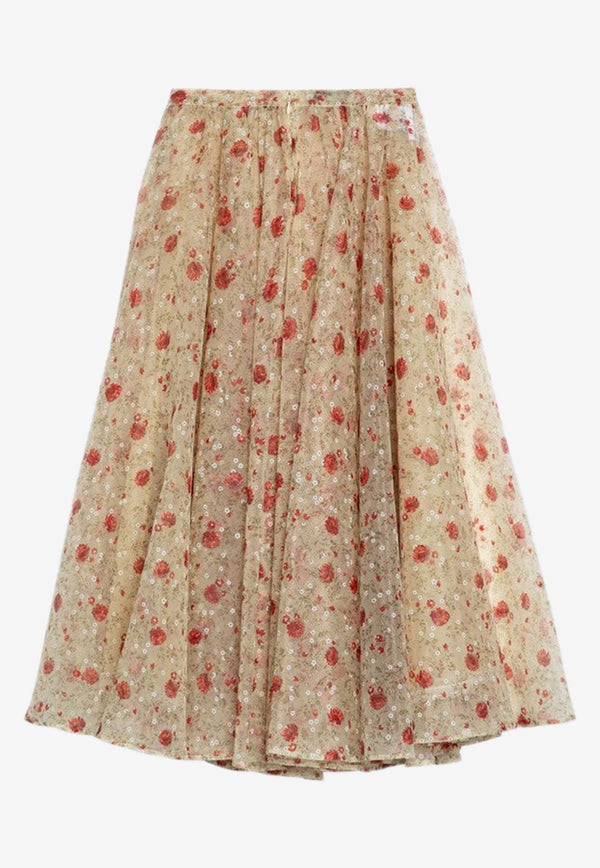 Floral Print Midi Flared Skirt