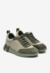 Bouncing Low-Top Sneakers in Vert Toundra Satin and Vert Foret Suede