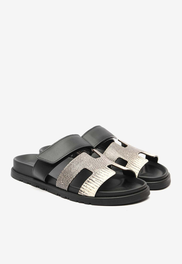 Chypre Sandals in Ombre Shiny Lizard and Black Calfskin