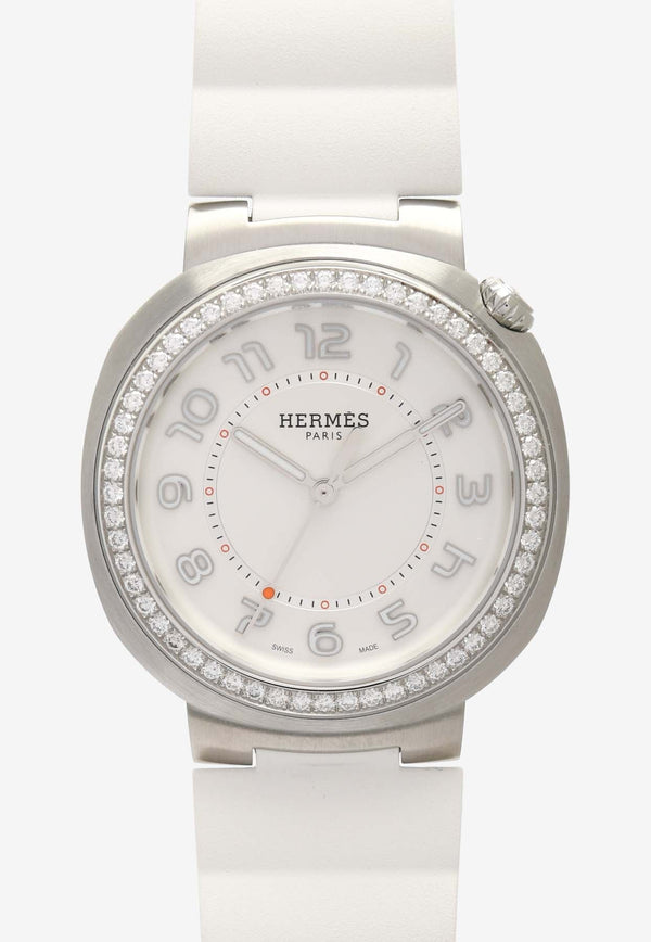 Large Hermès Cut 36mm Watch in White Rubber Strap and Diamond Bezel