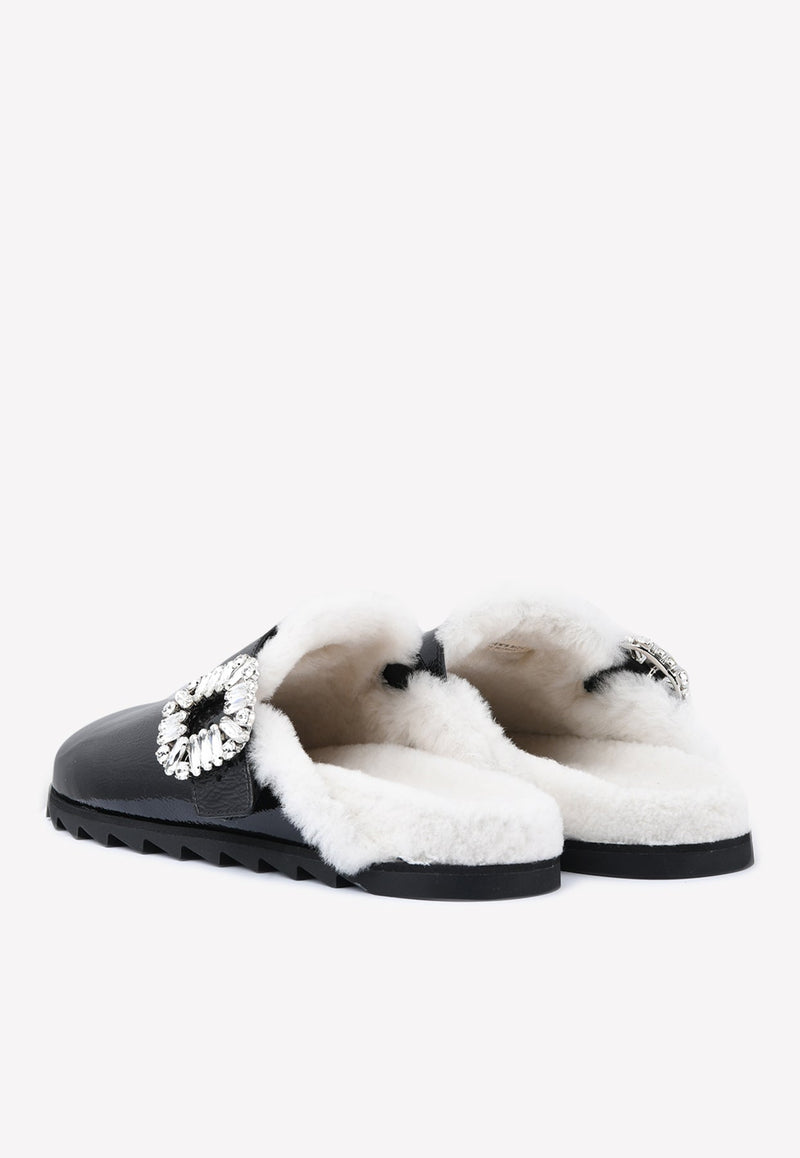 Slidy Viv' Crystal Buckle Shearling Mules