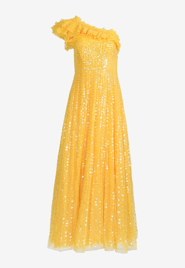 Raindrop One-Shoulder Sequined Gown