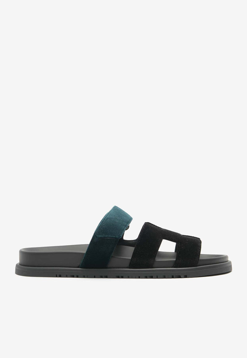 Chypre Sandals in Black and Vert Mousse Velvet