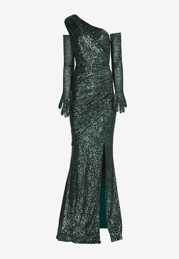 One-Shoulder Sequined Gown with Gloves