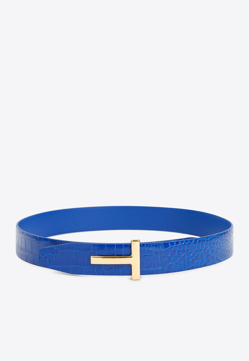 Reversible T-Buckle Belt in Croc-Embossed Leather