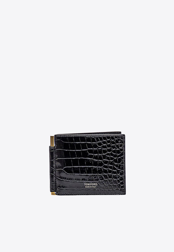 Croc-Embossed Leather Bi-Fold Bill Clip Wallet