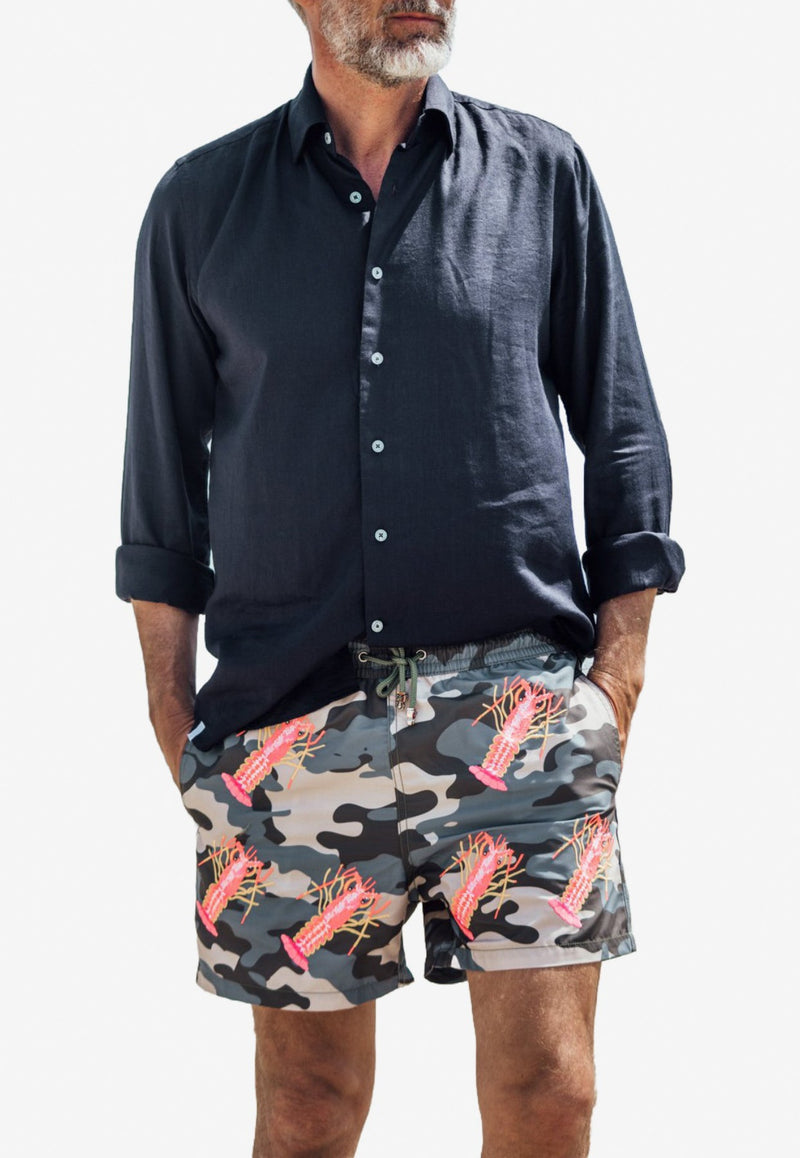 All-Over Lobster Swim Shorts in Camo Blue