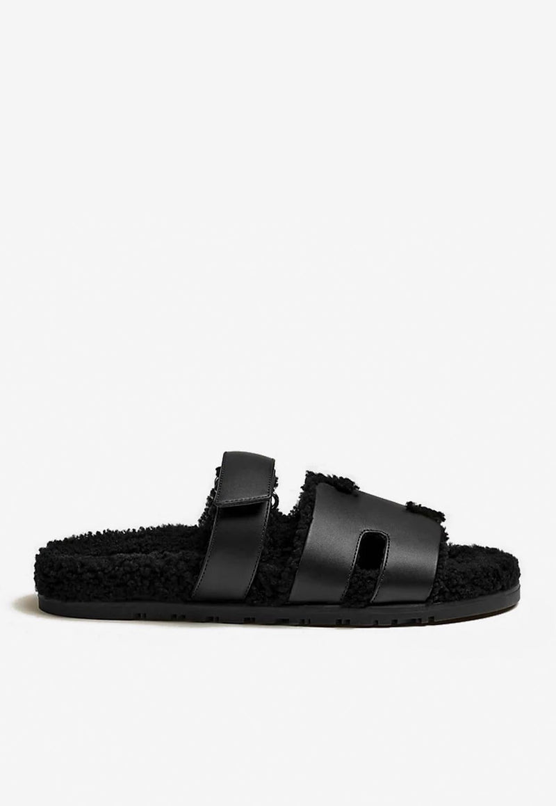 Chypre Sandals in Black Calfskin and Shearling