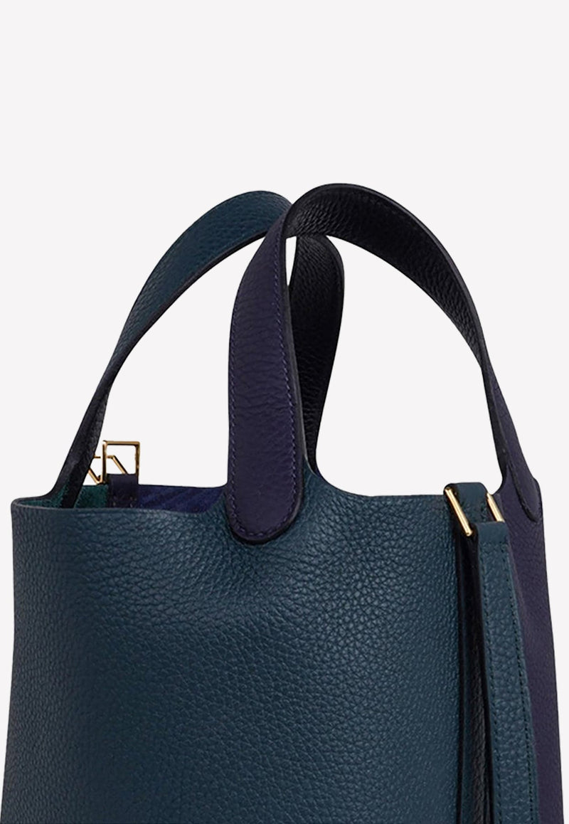 Picotin Lock 18 Tote in Vert Cypress, Blue Nuit and Black Clemence with Gold Hardware