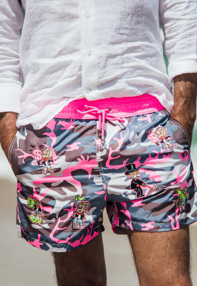All-Over Monopoly Embroidered Camo Swim Shorts