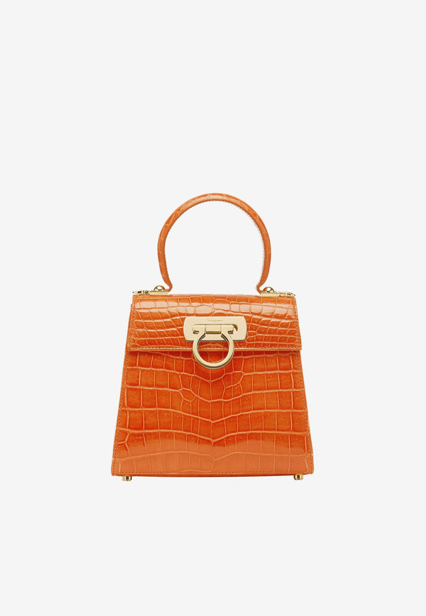 Small Gancini Top Handle Bag in Croc-Embossed Leather