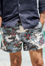 All-Over Mexican Heads Swim Shorts in Camo Grey