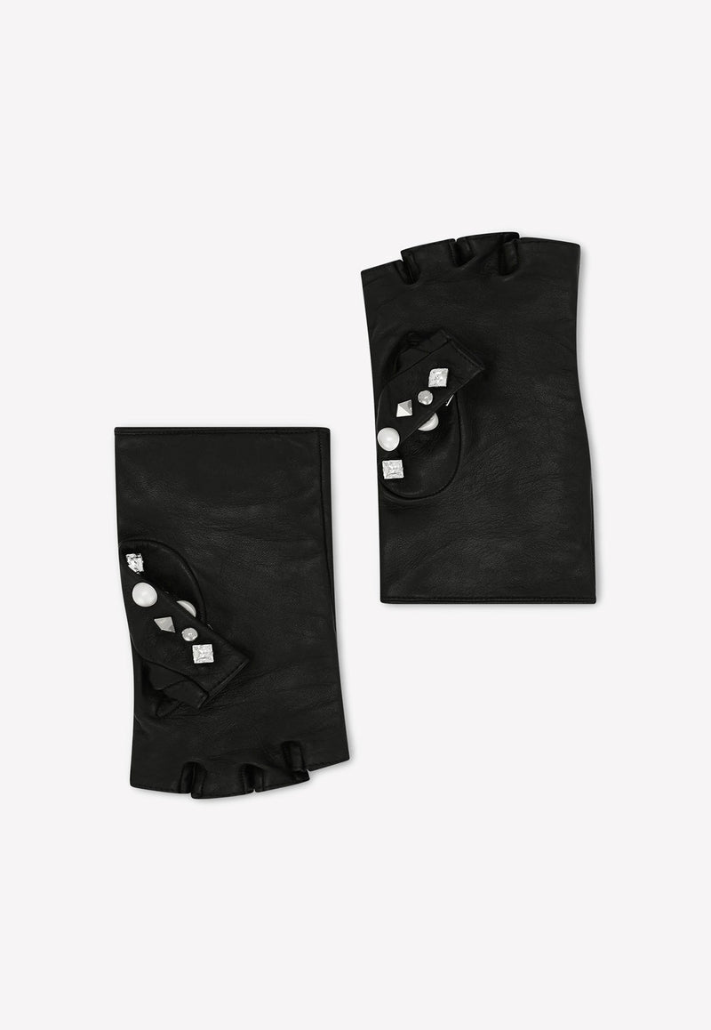 DG Logo Embellished Leather Gloves