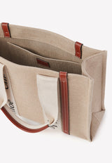 Medium Woody Tote Bag in Linen and Leather
