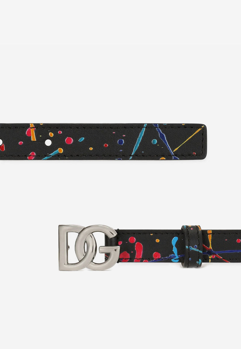 Boys DG Logo Color Splash Print Belt in Calf Leather