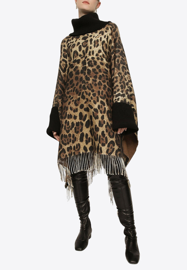 Leopard Print Wool Cashmere Fringed Poncho