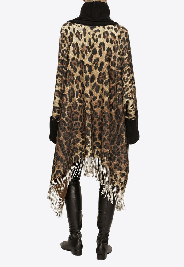 Leopard Print Wool Cashmere Fringed Poncho