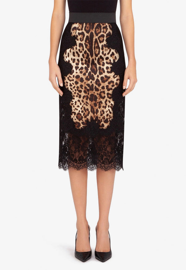 Leopard Print Laced Satin Midi Skirt