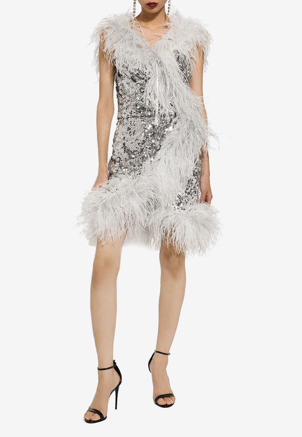 Feather-Embellished Sequin Mini Dress