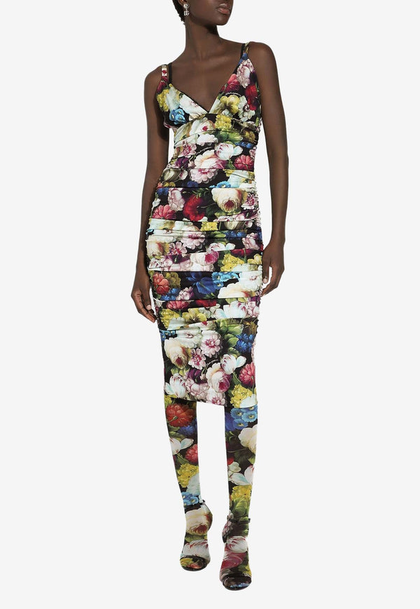 V-neck Nocturnal Flower-Print Midi Dress