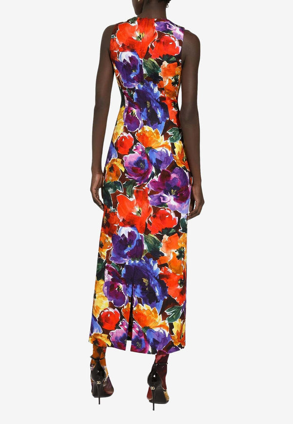 Sleeveless Abstract Flower-Print Midi Dress