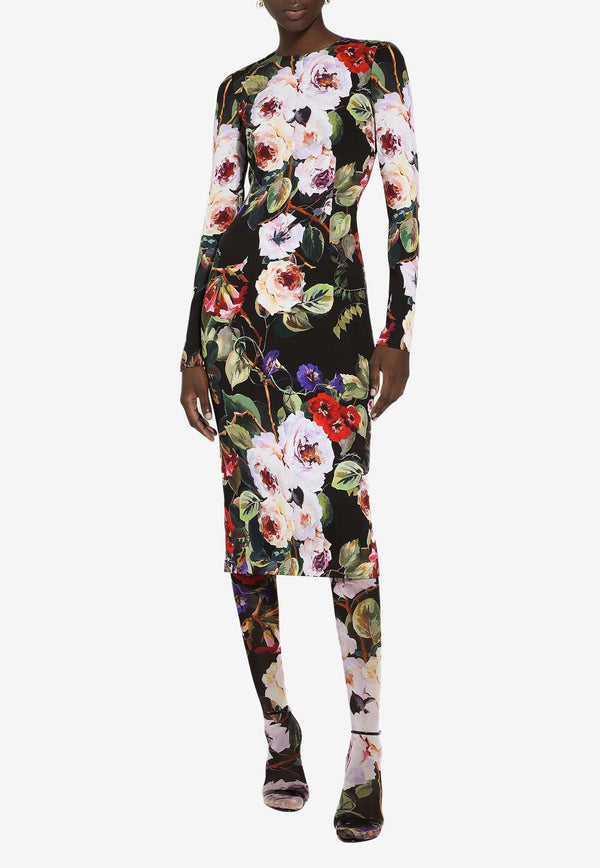 Sleeved Rose Garden Print Midi Dress