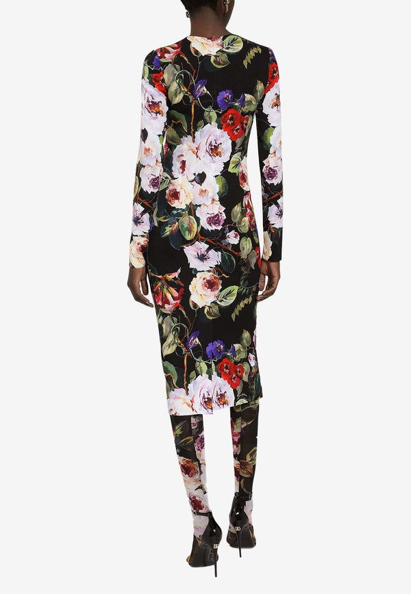 Sleeved Rose Garden Print Midi Dress